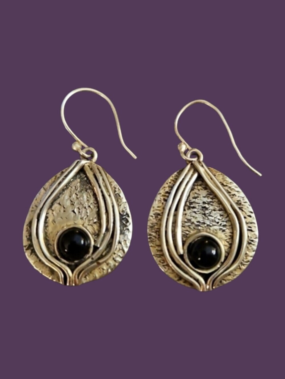 ARTISAN Sterling Silver Onyx Abstract Teardrop Dangle Hook Earrings